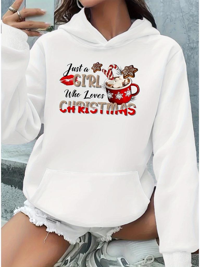 Women'S Fashion Features a Cozy Fleece Hoodie with a Christmas Print That a Loves, Complete with a Kangaroo Pocket