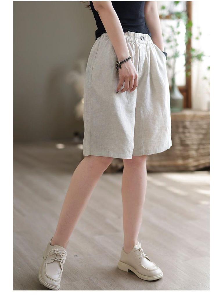 2023 Summer High Waist Retro Literary Wide-Leg Casual Plus Size Five-Point Pants