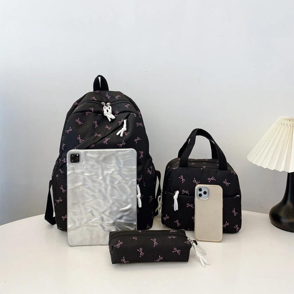 Chic Bow Accent Backpack Set 3Pcs Handbag&Pencil Bag Contrast Stitching Multi Pocket Women's Coordinated Set for Campus Commute