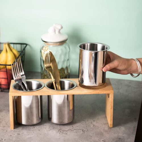 IMEEA Chopstick Holder, Cutlery Stand, Cutlery Holder, Cutlery Case, Stainless Steel with Wooden Frame, 3 Sets