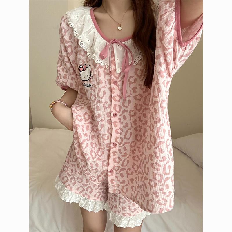

Premium pink leopard print pajamas women s summer crew neck lace short-sleeved shorts set can be worn outside loungewear S