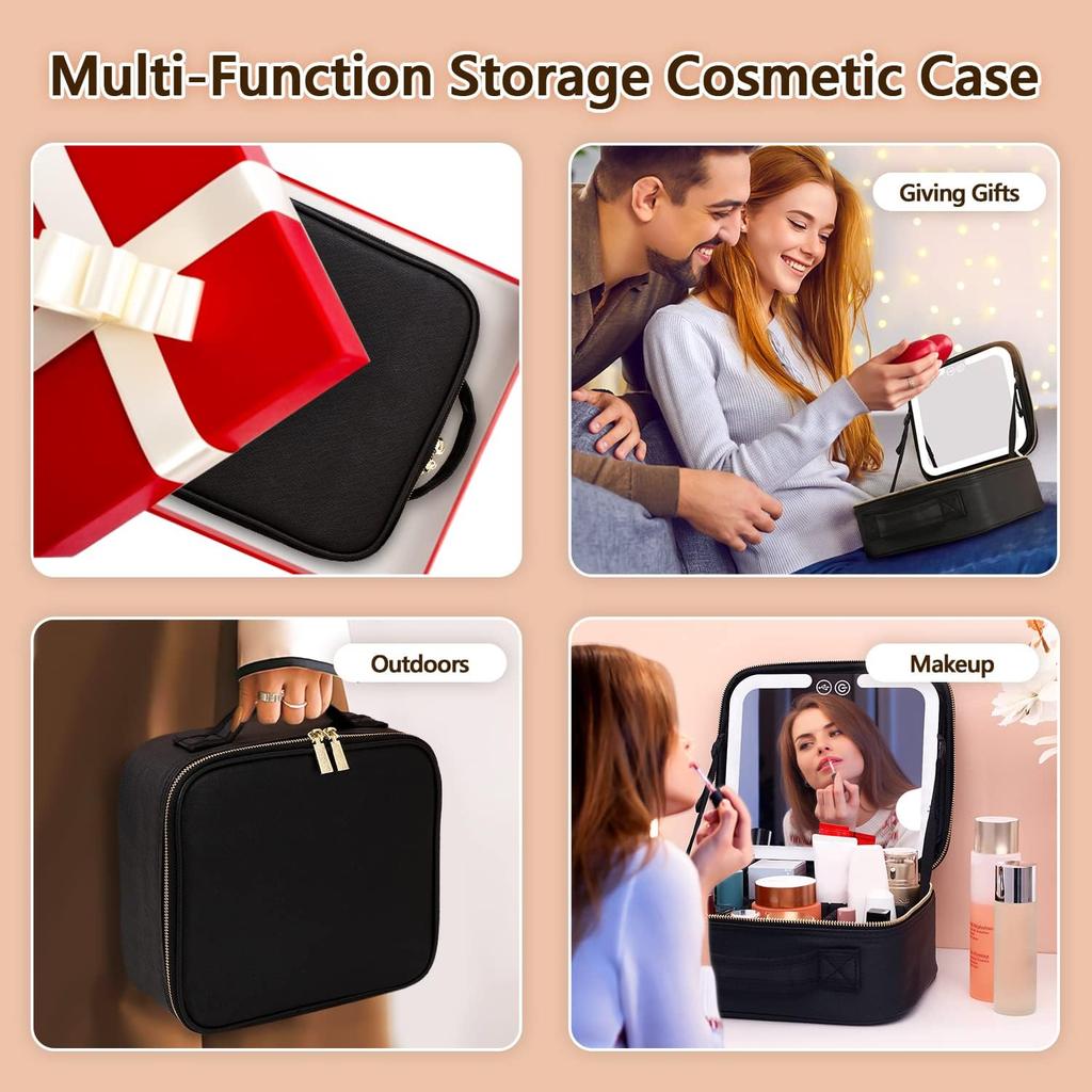 Travel Makeup Bag with LED Lighted Make up Case with Mirror 3 Color Setting Cosmetic Makeup Box Organizer Vanity Case for Women Beauty Tools