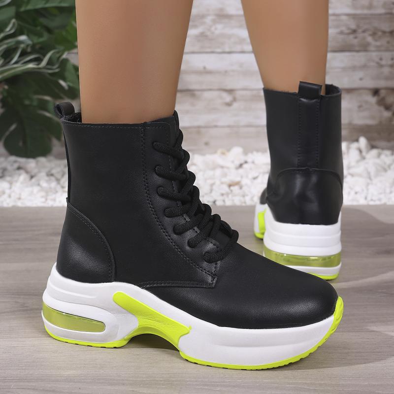 Fashion Fashion Thick Bottom Air Cushion Ankle Boots Women 2025 Winter Round Toe Wedge Heel Lace Up Boots Soft Chunky Platform Booties