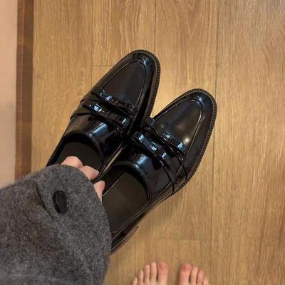 Leather Version~ British Style Loafers Women's One-pedal Commuter Shoes French Bow Thick Heel Small Leather Shoes
