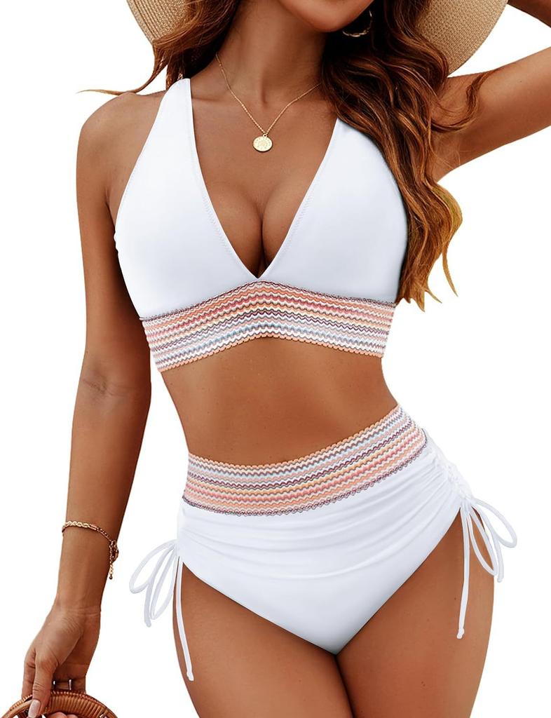 Women's Swimsuit Solid Color Stitching Sexy High Waist Drawstring Tie Split Swimsuit Bikini Suit Beach Wear