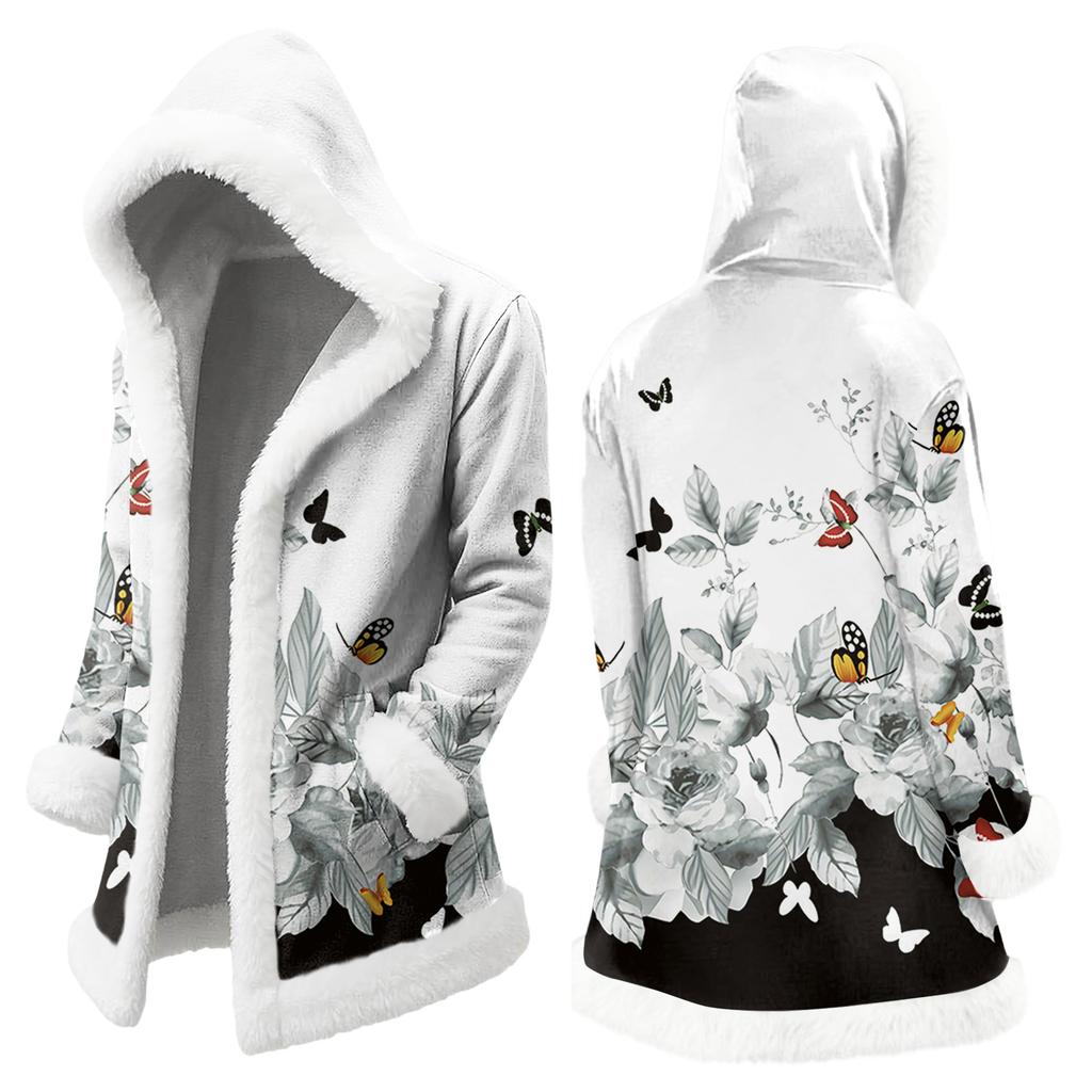 Unisex Casual And Fashionable Plush Collar Hooded Long Sleeved Floral Gradient Printing Jacket