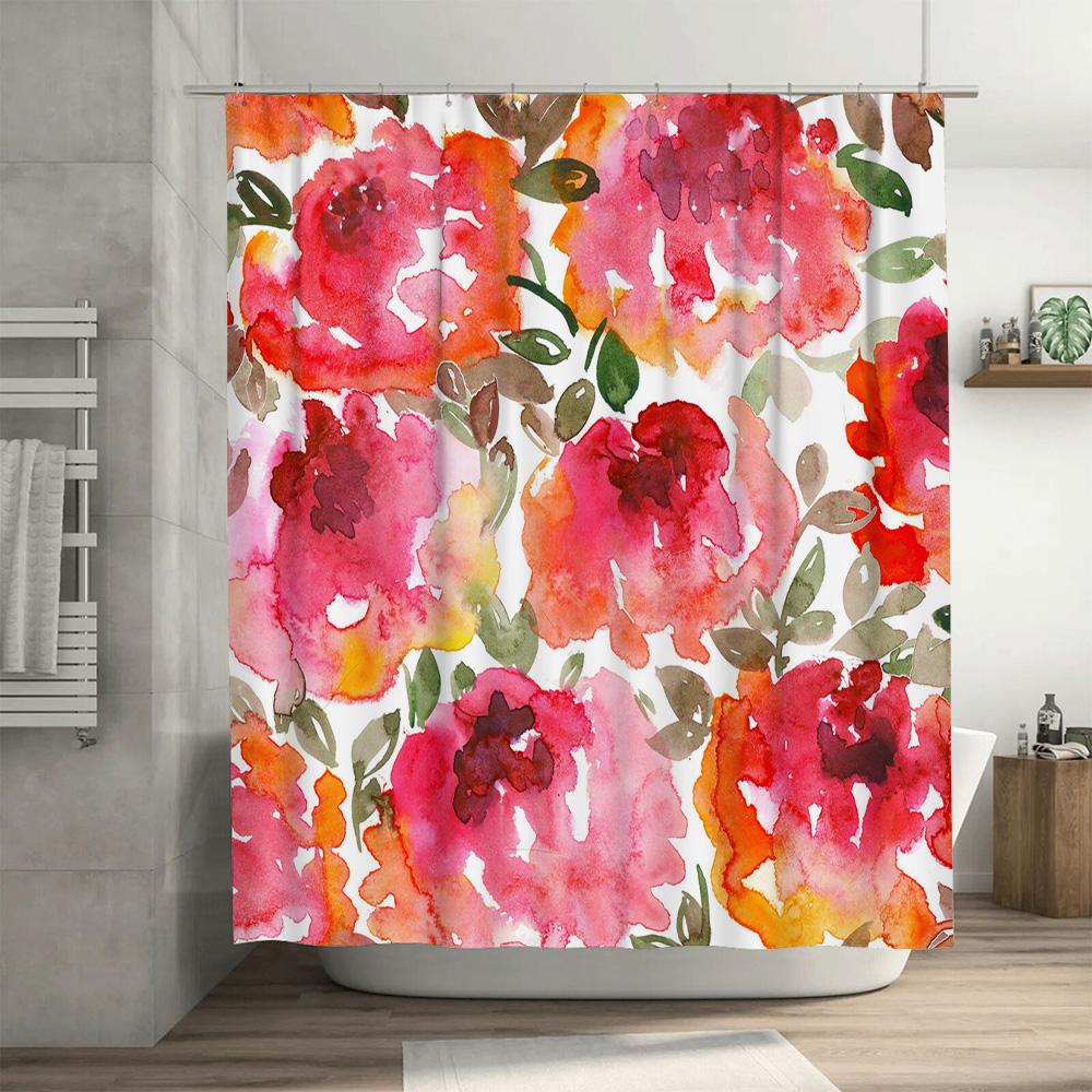 Watercolor Floral Shower Curtain Pink Red Orange White Leaves Design for Bathroom Decor Modern Home Decoration 69x72 inches (175