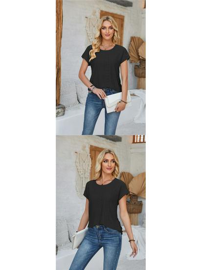 Spring & Summer Women's Loose Round Neck Eyelet Lace T-shirt