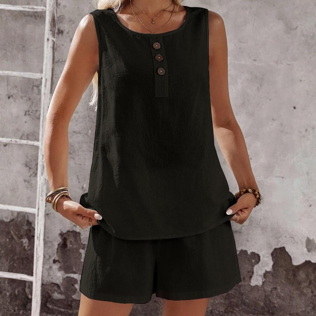 Women's Casual And Fashionable Round Neck  Sleeveless Shorts Two-piece Set