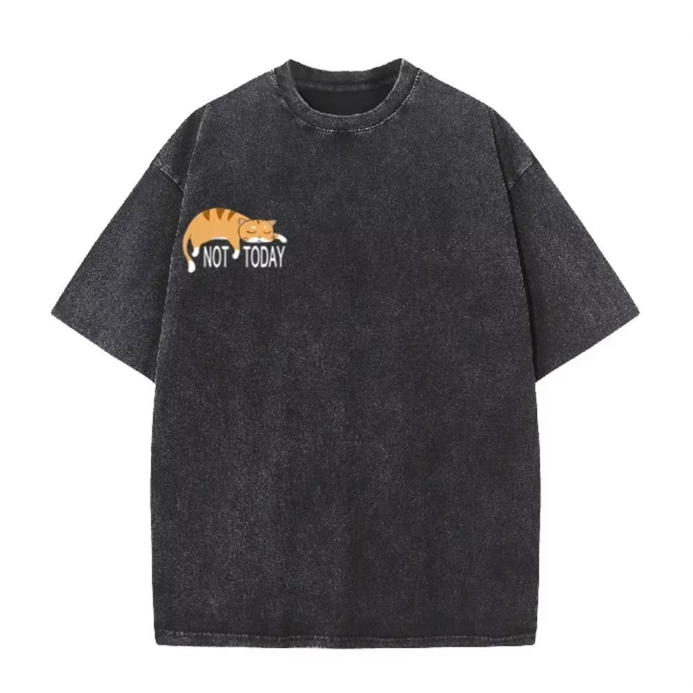 Not Today Lazy Cat Print Vintage Washed T-Shirt, Cute Sleeping Cat Graphic Oversized Cotton Tee Unisex Casual Streetwear L