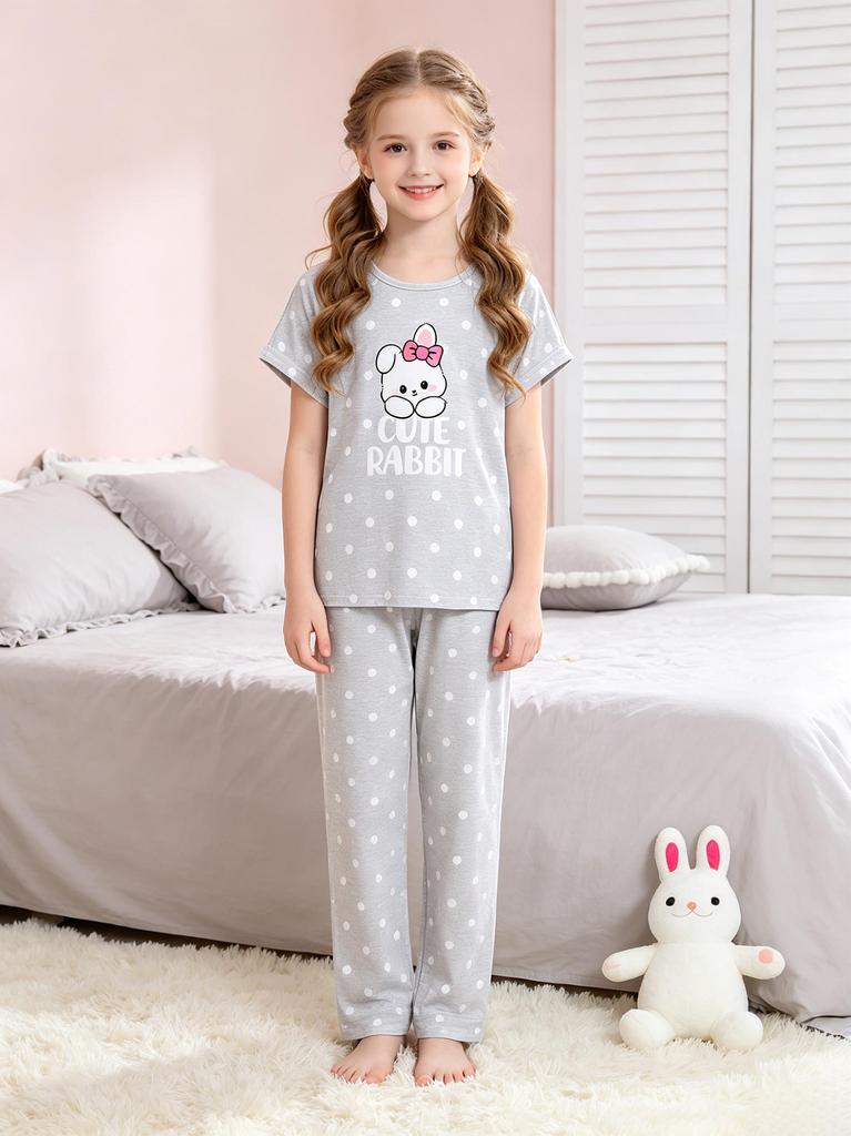 Girls Pajama Set, Cute Rabbit & Polka Dot Short Sleeve Top & Long Pants, Soft Sleepwear for 8-12 Years