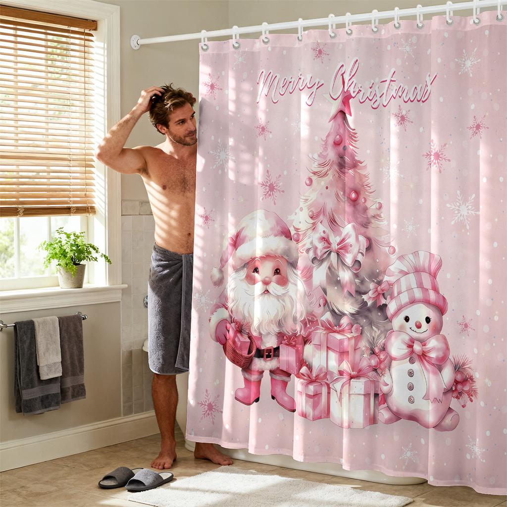 1Pc Pink Christmas Print Waterproof Shower Partition Privacy Hanging Curtain 12 Hooks Multi Size Decoration Machine Washable