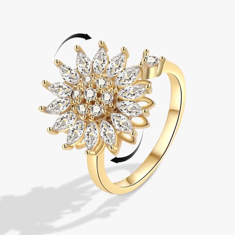 Mote Fidget Spinner Ring Angst for Kvinner Flere Krystall Solsikke Fingerringer Roter Anti Stress Zirkon Bryllupsgave