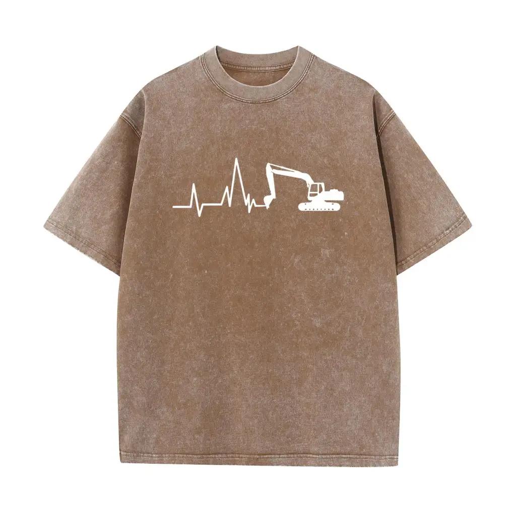 Yeni Ekskavatör Yıkanmış Tişört Erkek Pamuk Ekskavatörün Kalp Atışı Ağartılmış Tişört Erkek Giyim Ağartma Tişört