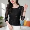 Chic Spring 2026 Sequined Mesh Round Neck Long Sleeve Lace Top