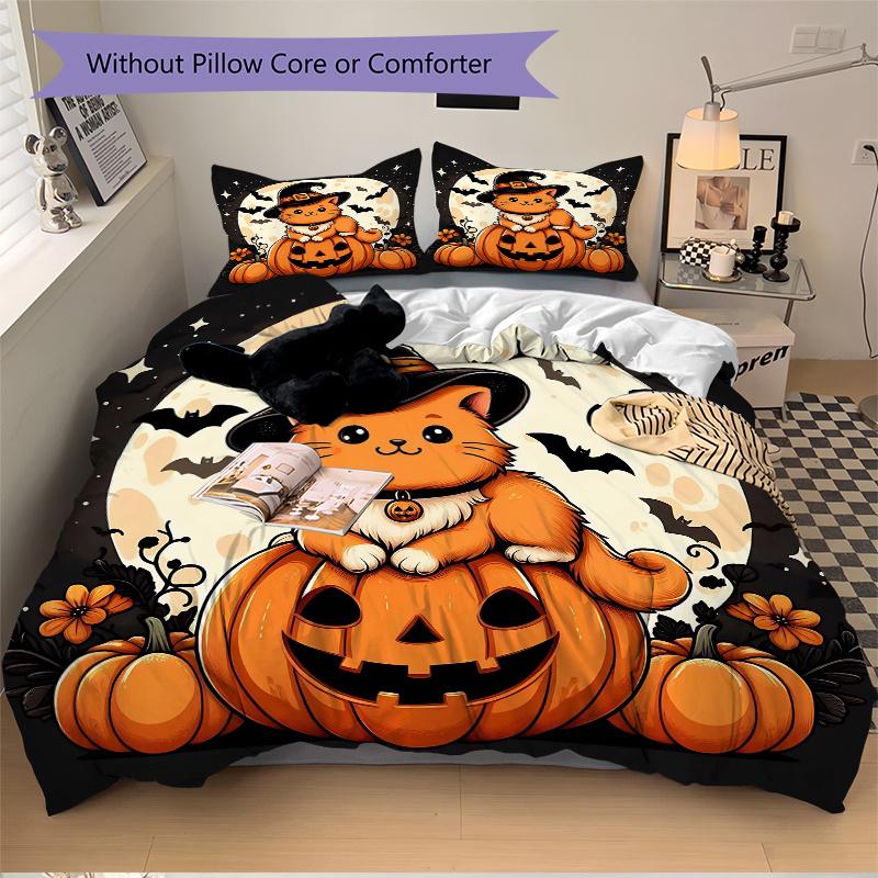 3pcs Moon Orange Cat Pumpkin Halloween Print Cover Set Ultra Soft, Breathable, and Comfortable Bedding with Stylish Design for Bedroom and Guest