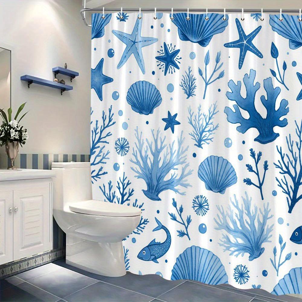 1pc Blue Ocean Style Shower Curtain, Polyester Fabric, Machine Washable, Suitable for Bathroom Hotel Decoration