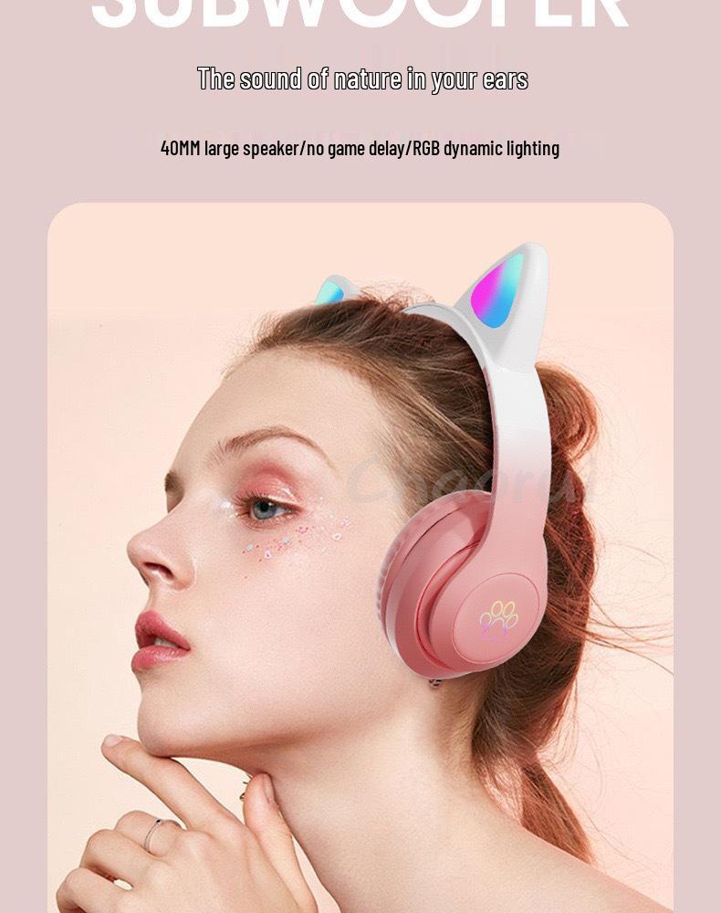 Popular Gradient Cat Ear Bluetooth Headphones, Cute & Trendy, with Long Battery Life for Wireless Sports & Gaming.