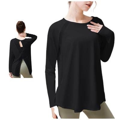 Yoga Wear Long Open Round Body Quick Black [W&C] Tops, Sleeves, Back, Sportswear, Training, Stretch, Women's, Loose, Neck, Covering, Absorbent,
