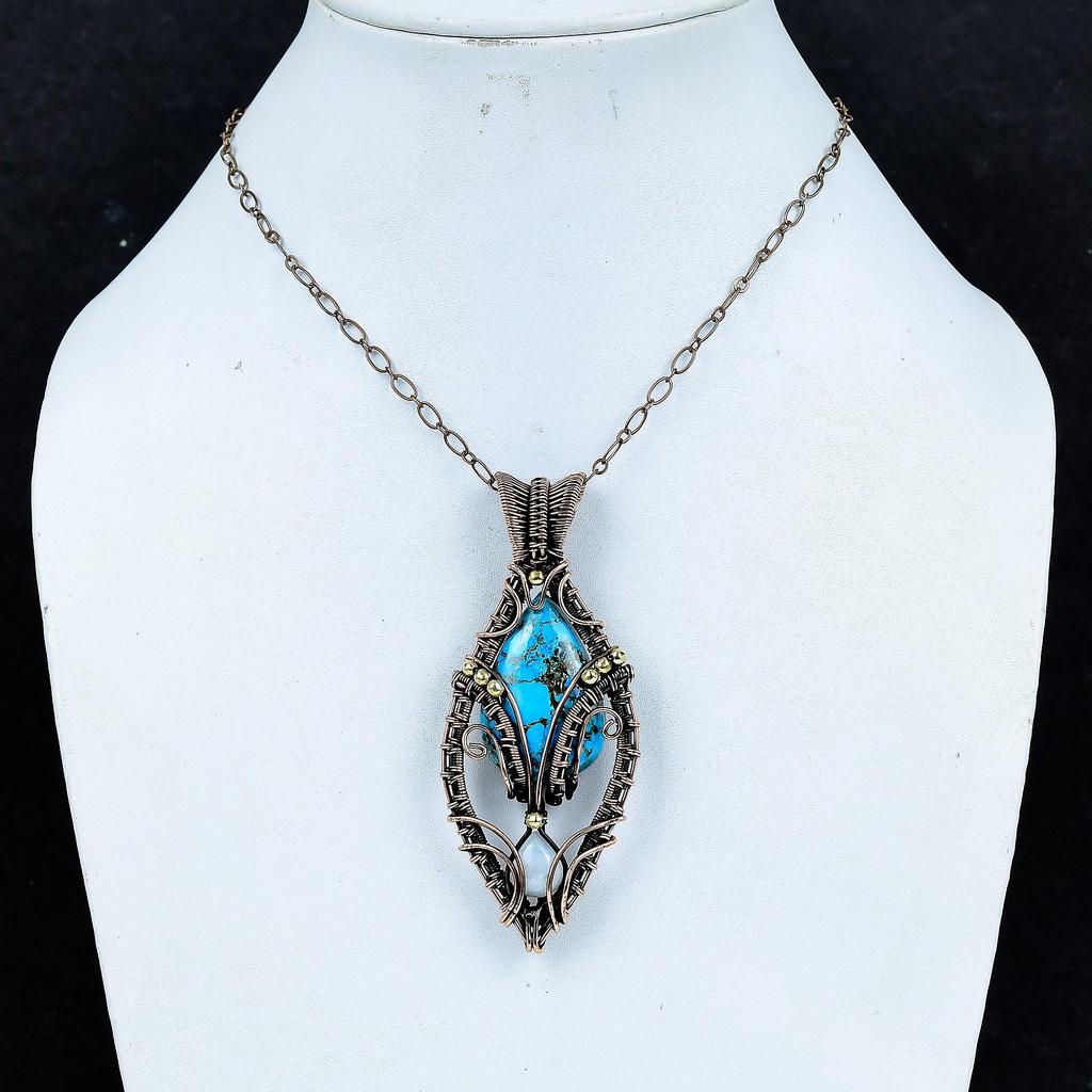 Turquoise & Moonstone Pendant, Gemstone  999 Copper Wire Wrapped Jewelry Pendant, Handmade Jewelry Birthstone Pendant, Gift For Him