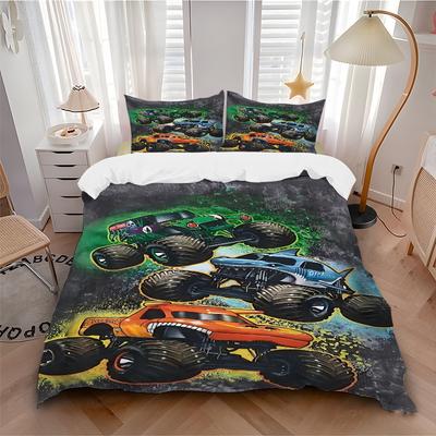 3 szt. Zestaw pościeli Dekoracja domu Monster Truck - Uniwersalny trzyczęściowy komplet do sypialni, pokoju gościnnego, salonu, hotelu - Idealny prezent dla fanów, Trav