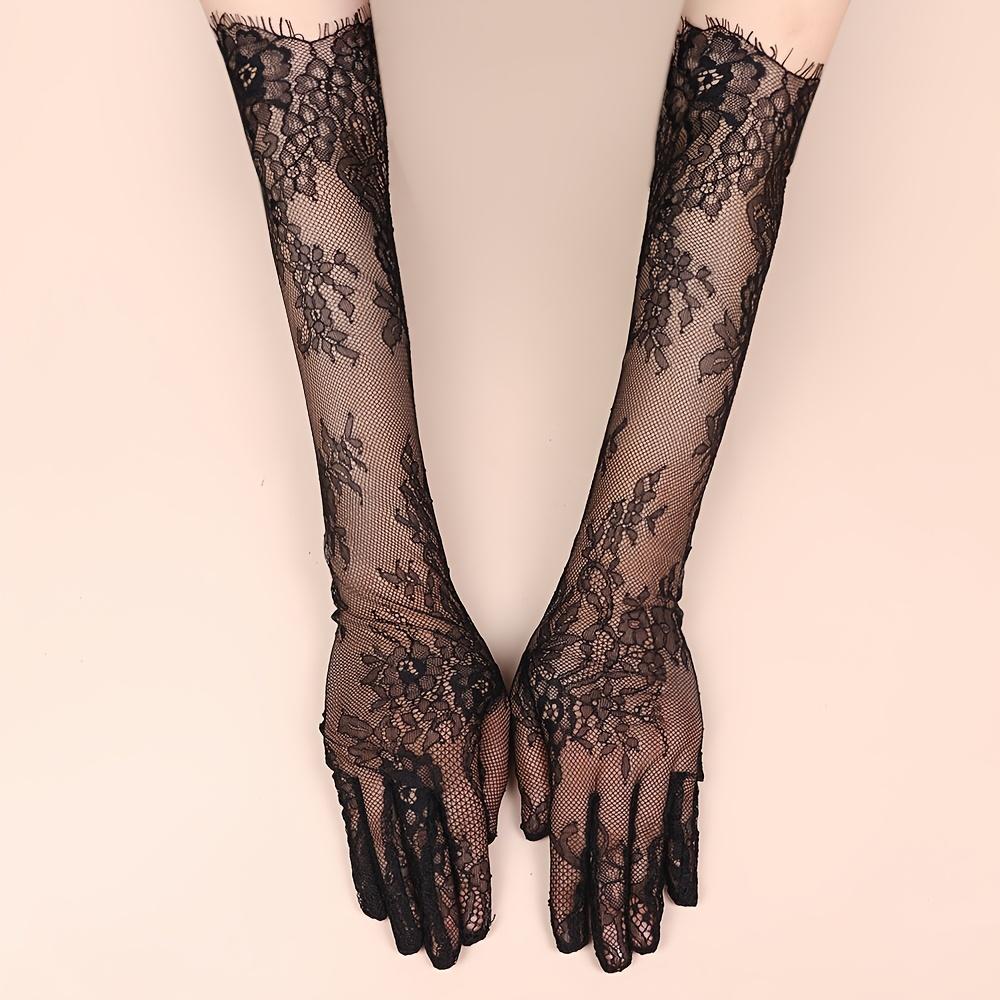 1 Pair Elegant Long Lace Wedding Gloves - 55cm Sheer Mesh Floral Gloves for Bridal, Halloween, Party & Evening Prom (1 Pair)