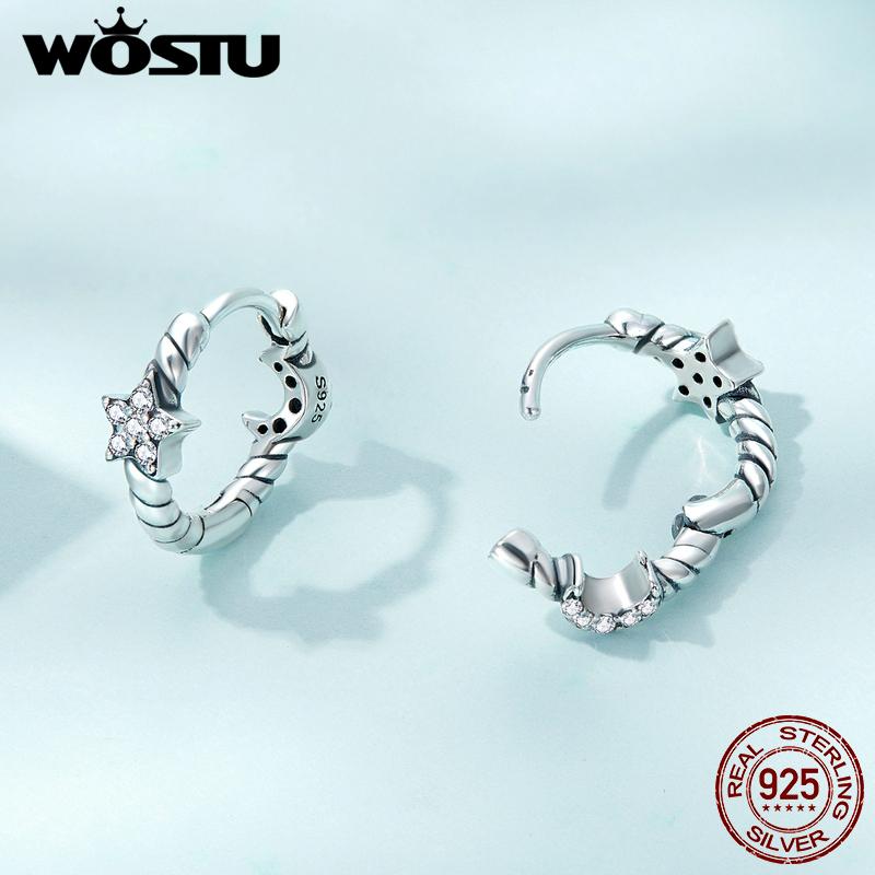 WOSTU 925 Sterling Silver Hoop Earrings, Crescent Moon & Star High Polish Tarnish Resistant Trendy Earrings