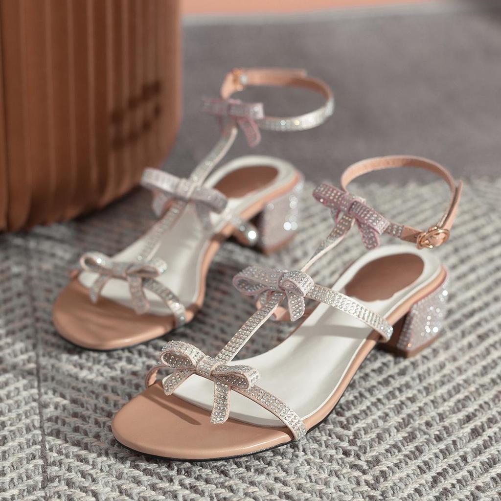 2023 Stylish Rhinestone Bowknot Ankle Strap High Heel Sandals for Women