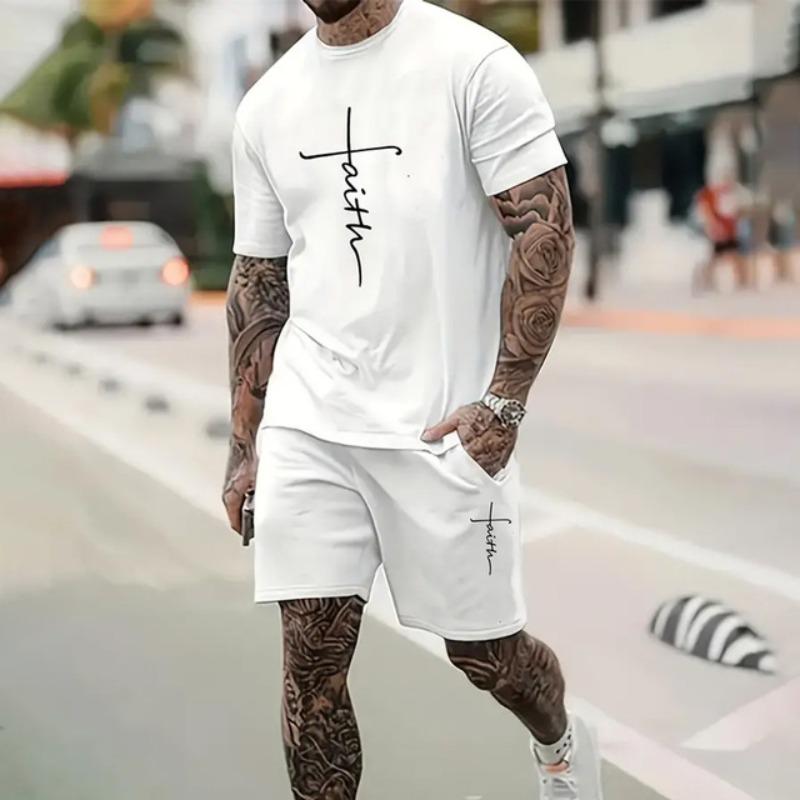 Gradient Men's Suit Casual New Short Sleeve With Shorts 3d Letter Faith Printed T-Shirt And Drawstring  Shorts 2-Piece Sets