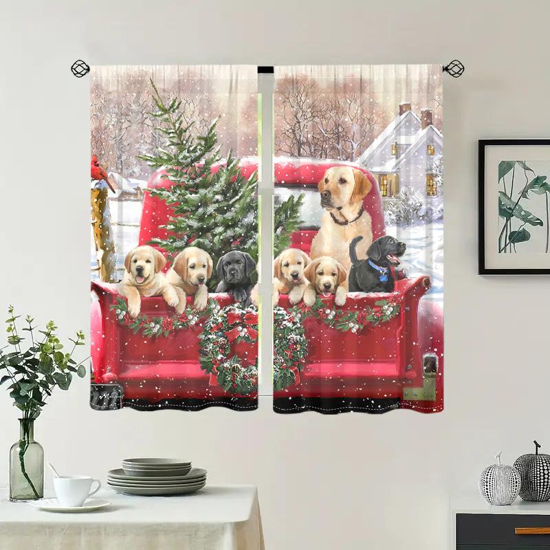 2 Pieces, Christmas Holiday Truck Puppy Curtains -30% Blackout - Suitable for Living Room, Bedroom, Home Decoration
