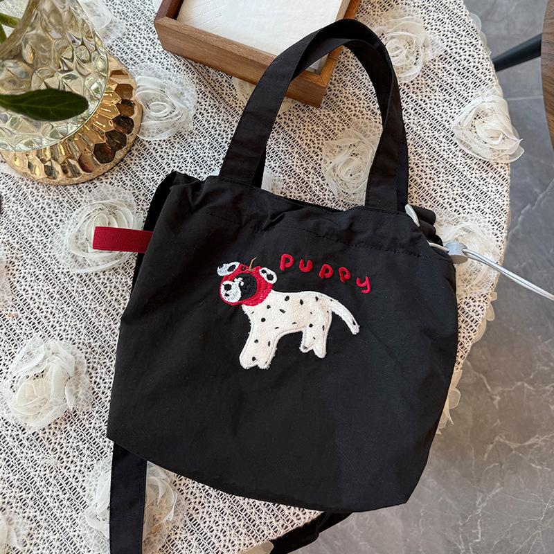 Cute Embroidery Women'S Drawstring Shoulder Bag Cartoon College Girls Book Tote Shopping Bags Large Capacity Female Handbags