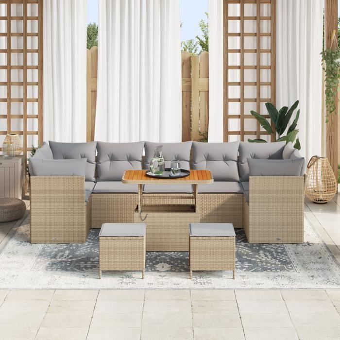 Set de canapé de jardin 10 pièces avec coussins beige poly rotin acacia, Set de salle à manger de jardin 3 pièces 3361472