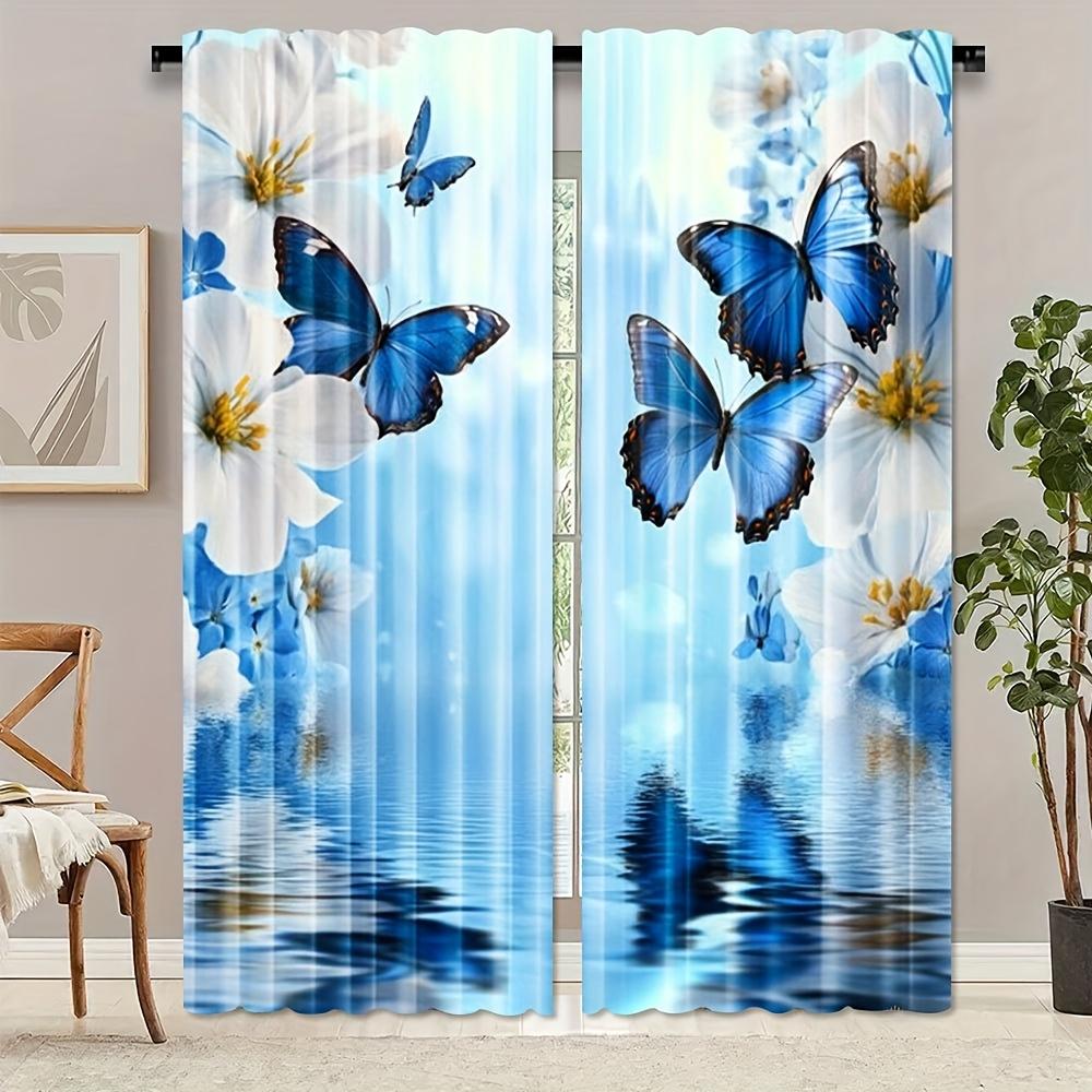 

2 Pcs Farmhouse Blue & White Floral Butterfly Curtains – Wavy Water Design Rod Pocket for Bedroom Office Kitchen Study Decor 100*130 HOOK 1pcs