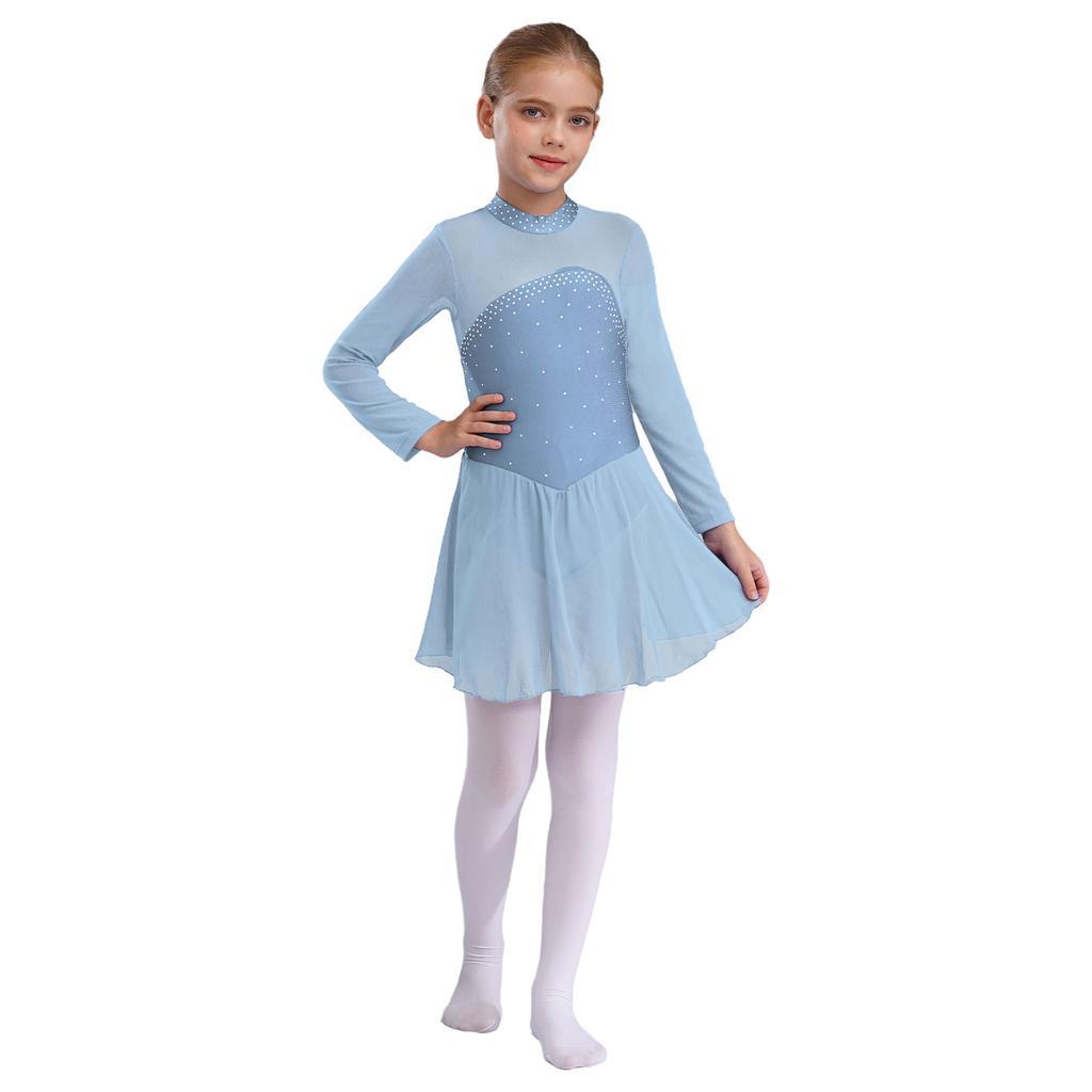 Girls Sparkling Mesh Dance Dress Long Sleeve Keyhole Back Leotard for Ice Skating Ballet Costume