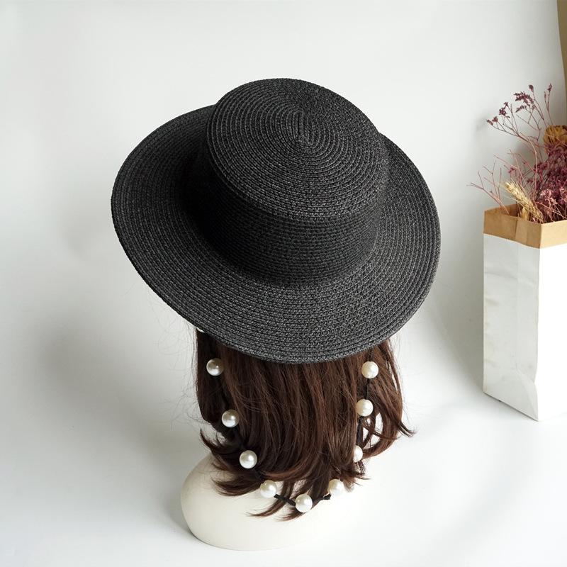 French Retro Internet Celebrity Pearl Chain Black Wide Brim Flat Top Top Top Hat Women'S Summer Sun Protection Shade Vacation Beach Straw Hat