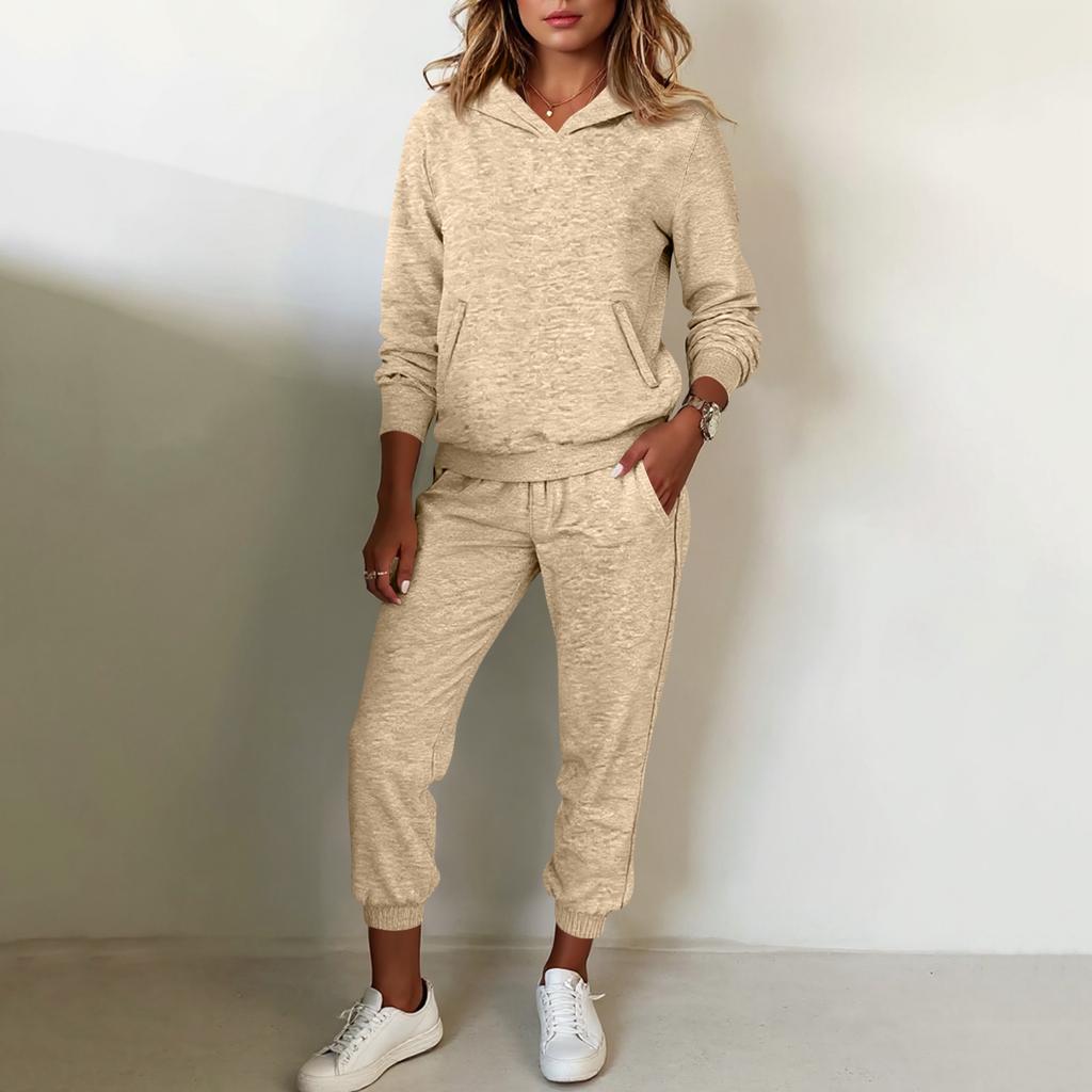Women's Fashion Two-piece Solid Color Hooded Sweatshirt Trousers Casual Set