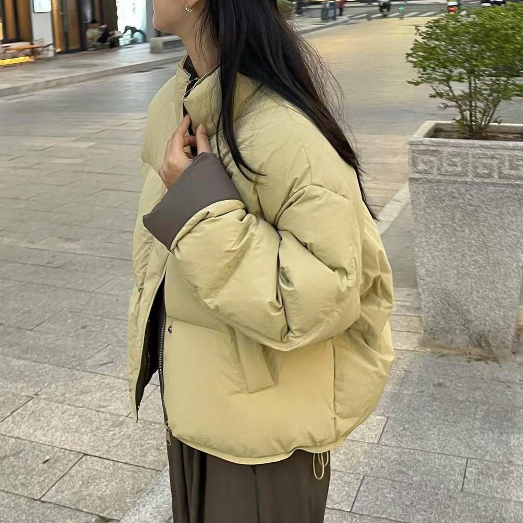 Petite Korean Style Color Block Down Jacket - Beige, Red, Blue, Pink, Black, Yellow