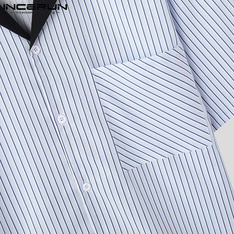 INCERUN Men Summer Oversized Short Sleeve Patchwork Striped Buttons Casual Shirts Tops