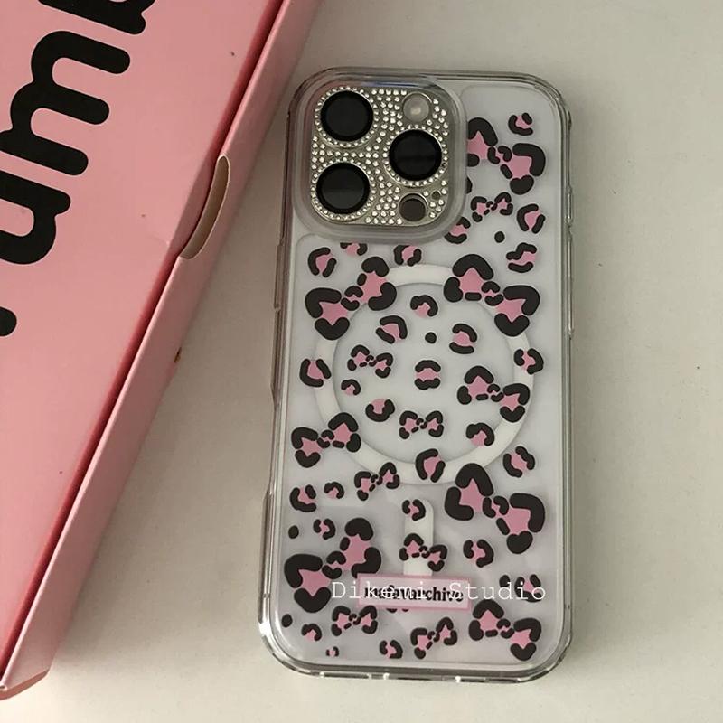 

Sweet Pink Leopard Pattern Bow for Magnetic Magsafe Phone Case for iPhone 17 AIR 16 15 14 13 12 11 PRO MAX MINI PLUS Y2K Cover iPhone 11 Pro