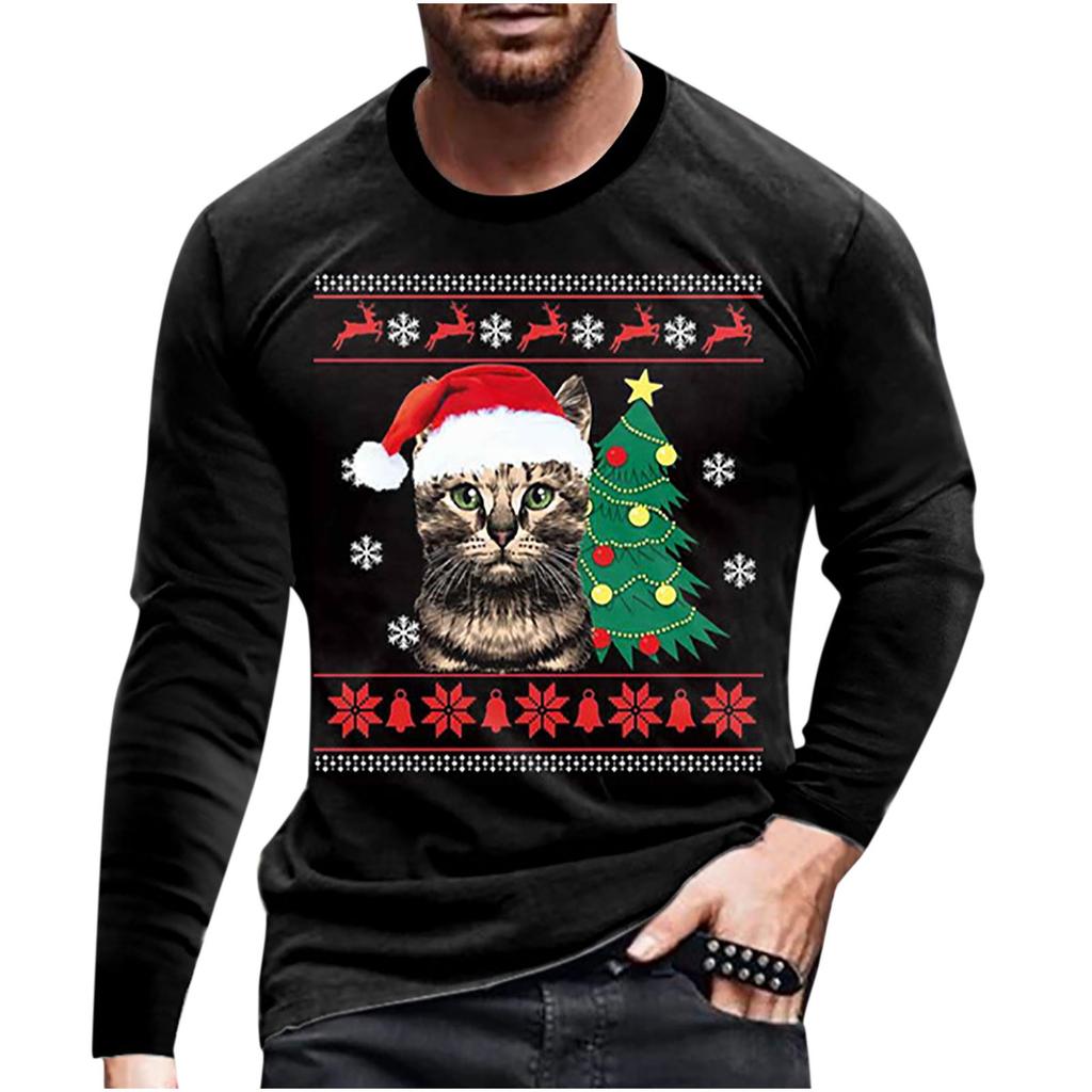Spring and Autumn Round Neck Cat Pattern 3D Printed Top Fashionable Casual Long Sleeved Men's T-shirts