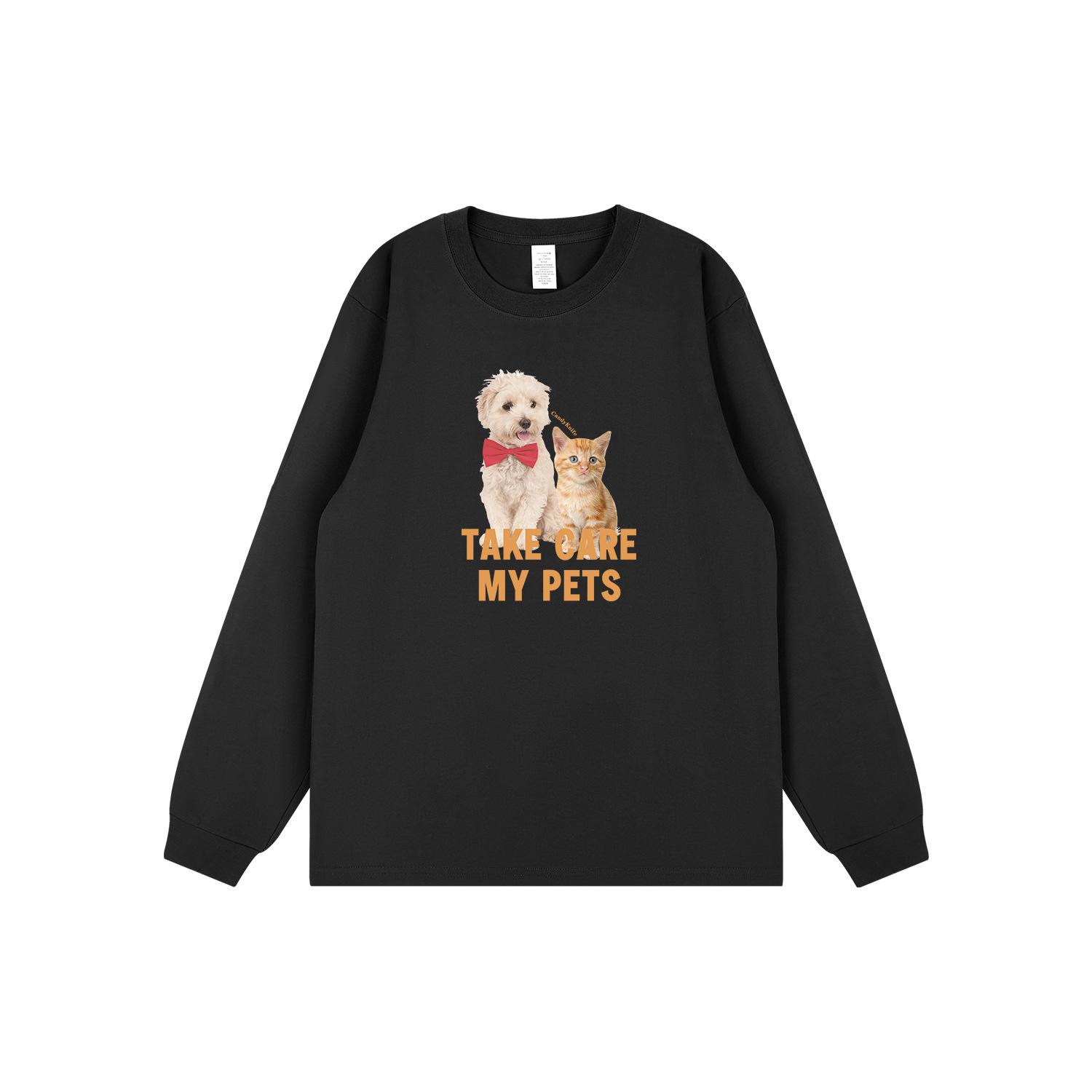 

Retro Cat Print Long Sleeve T-shirt - Autumn/Winter Couple Style, Pure Cotton, Versatile Top. Medium Лляний