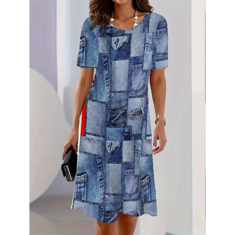 Women Dress Vintage Denim Blue Print Design Sense Fashion New Summer Elegant Casual Short Sleeve Dress Loose Women A-Line Dress