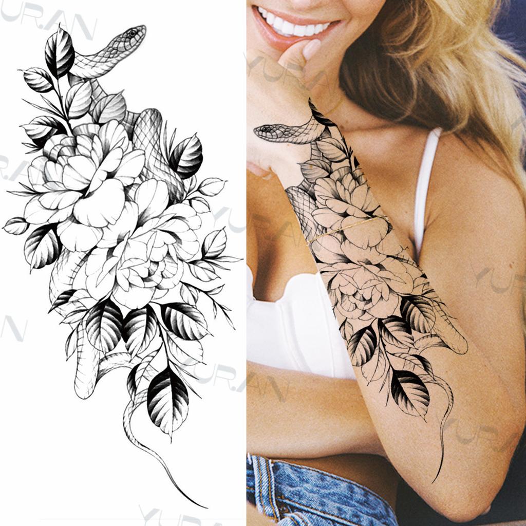 Zwarte Grote Slang Bloem Fake Tattoo Sticker Voor Vrouwen Dot Rose Pioen Tijdelijke Tattoos DIY Water Transfer Tatoos Meisjes