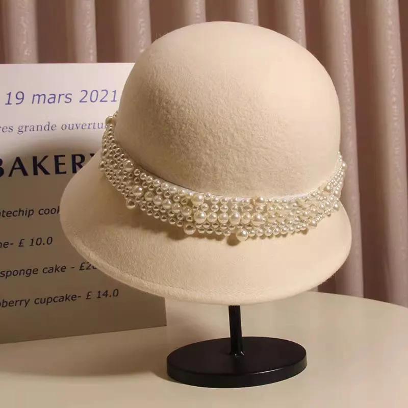 

WTEMPO French-style Chic Retro Elegant Pearls Bucket Hats Women Autumn Winter Stylish Easy To Match Warm Solid Color Fedoras 1pc бежевый