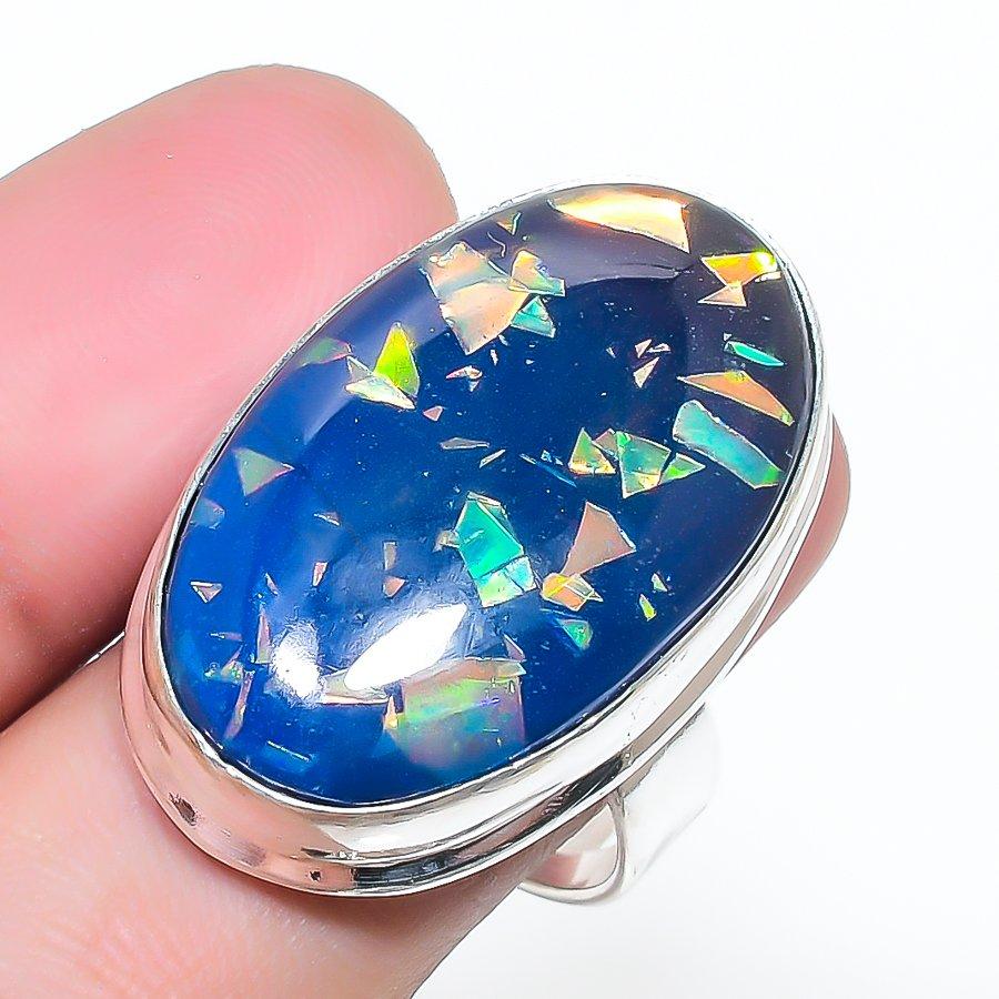 Natural Blue Triplet Opal Gemstone 925 Sterling Silver Jewelry Ring Size 7 AR-16892