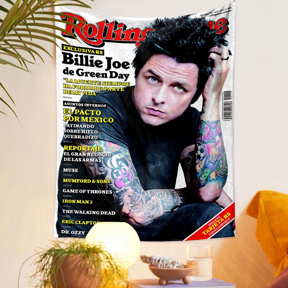 The magazine cover features a person with tattoos and vibrant text highlights. Patterned tapestry for bedroom and living room home decor