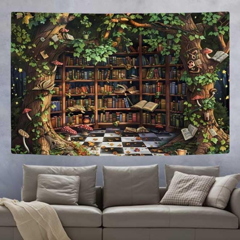Vintage Bookshelf Tapestry Dreamy Fairy Tale Wonderland Plants Forest Trees Tapestry Wall Hanging Vintage Medieval Library Books 70x100CM