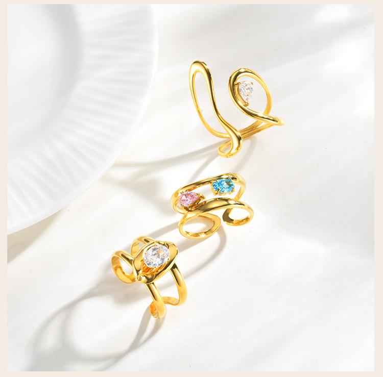 Luxury Adjustable Open Rings PVD Gold Plated Stainless Steel Zircon Geometric Rings for Women Stackable Jewelry Non Tarnish