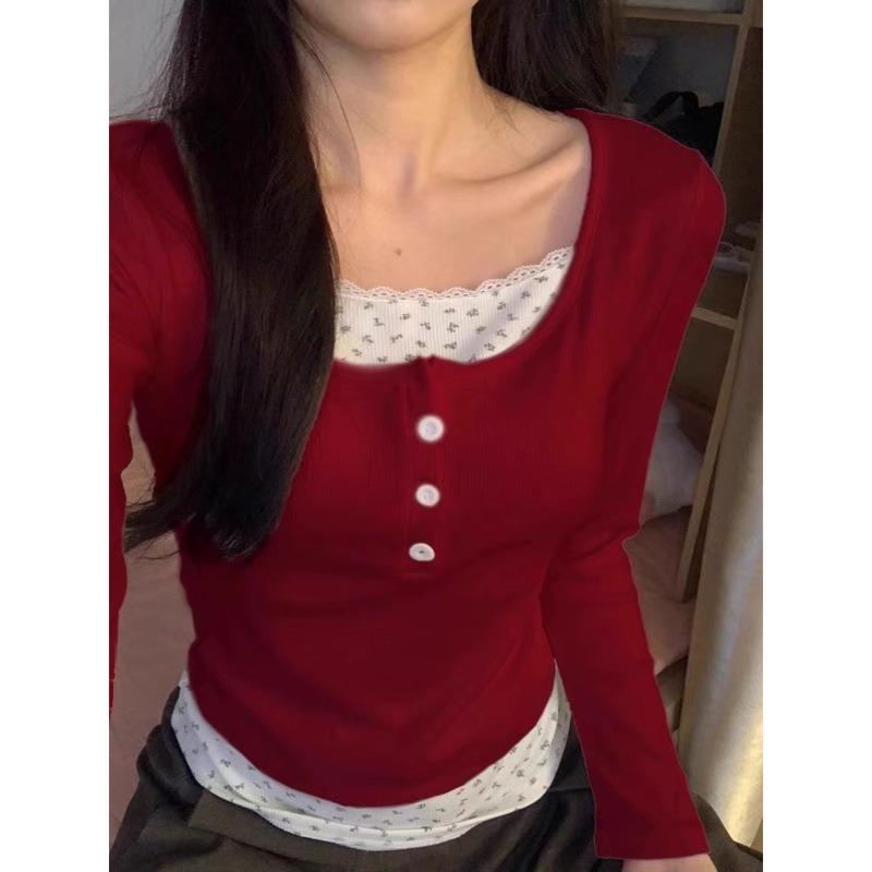 Splicing long-sleeved T-shirt women's early autumn slim-fitting short small bottoming shirt fake two-piece splicing top