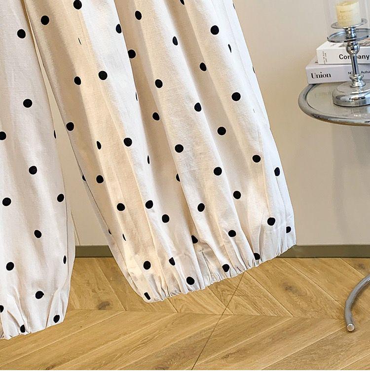 Summer Cotton Linen Polka Dot Trousers Women's Loose Wide Leg Versatile Nine Point Harem Pants Korean Version Lantern Pants
